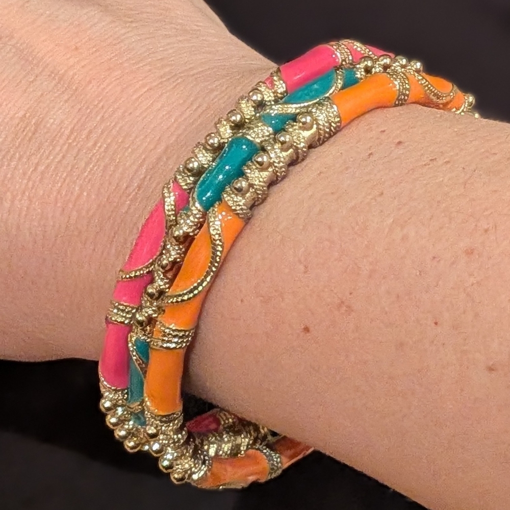 Colorful Enamel Gold Bangle Bracelet Stack Set, Pink, Orange, & Blue, Boho Style